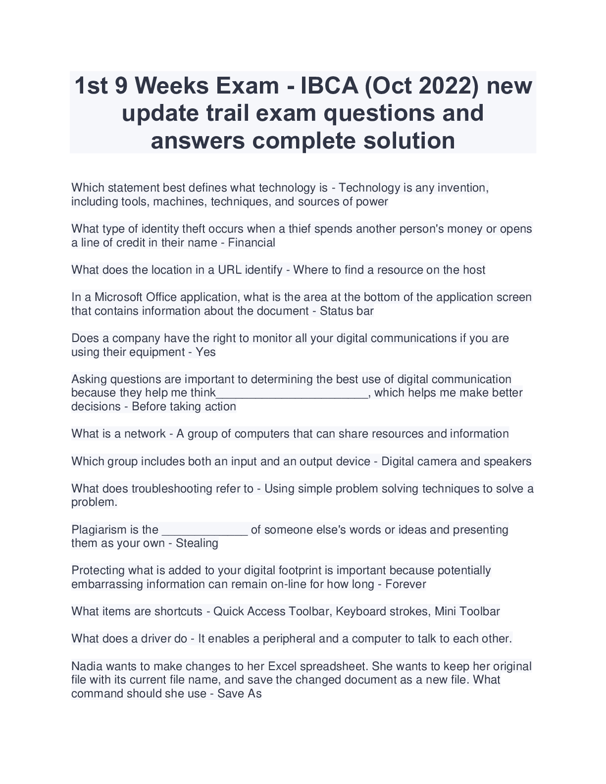 Preview image for 1st 9 Weeks Exam - IBCA (Oct 2022) new  update trail exam questions and  answers complete solution